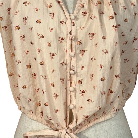 American Eagle Medium Crop Top Floral Button-Up Balloon Sleeves V-Neck Ruffle - Picture 2 of 11